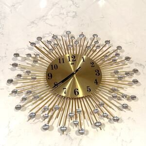 Retro decorative analog wall clock, gold-toned sputnik design crystal accents